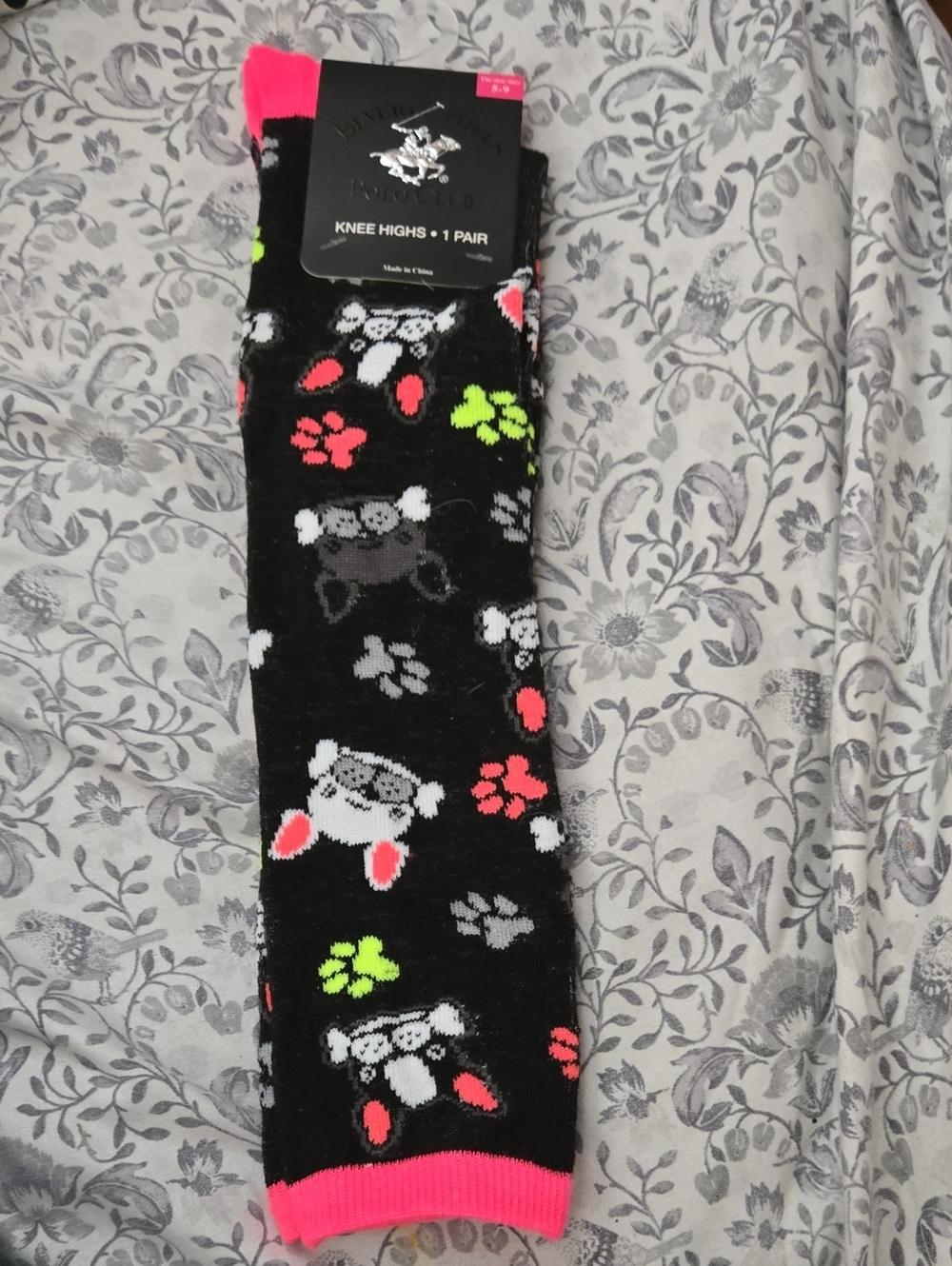 Black Knee-High Socks with Neon Paw Print and Puppy Motif